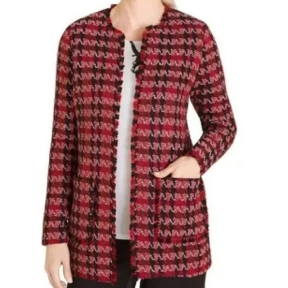 Chico's Houndstooth Plaid Holiday Party Fringe Jacket Sz 3P